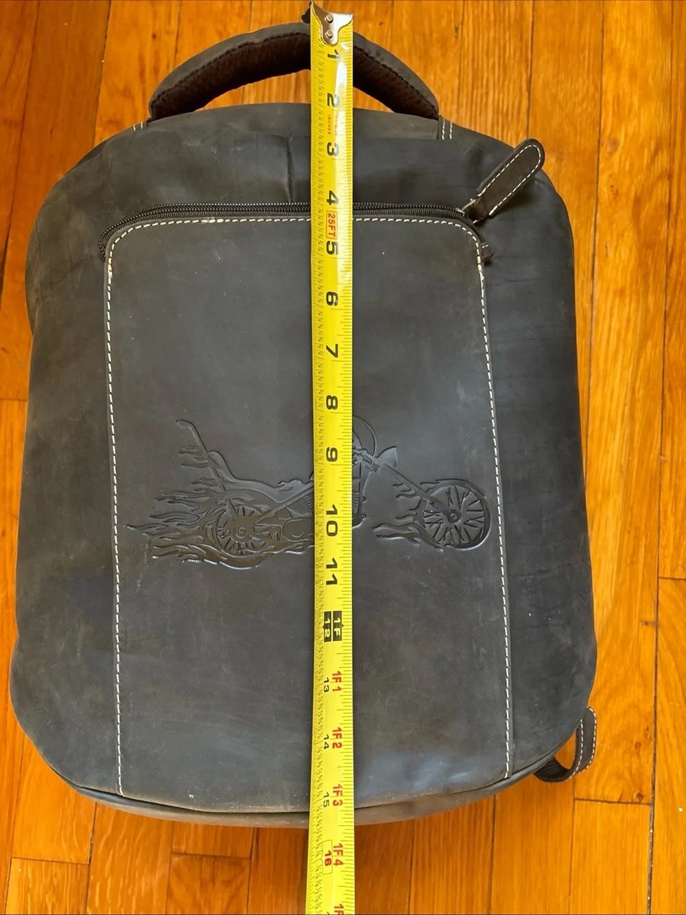 Men's Brown Leather Backpack with Embossed Motorcycle Design